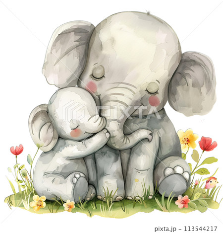 Tender embrace of mother and baby elephant in watercolor, perfect for nursery wall art and family themes, happy mother's day watercolor Tender embrace of mother and baby elephant in watercolor, perfect for nursery wall art and family themes, happy mother's day watercolor 113544217