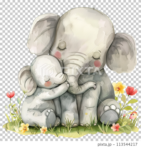 Tender embrace of mother and baby elephant in watercolor, perfect for nursery wall art and family themes, happy mother's day watercolor Tender embrace of mother and baby elephant in watercolor, perfect for nursery wall art and family themes, happy mother's day watercolor 113544217