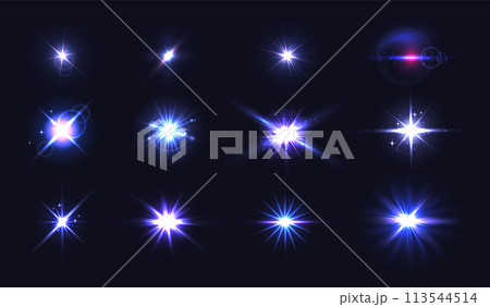 Flare light. Glow sparkle, lens realistic flare ignition effect. Flashing lights, photo camera light. Vector isolated glints, sunlight reflection set 113544514
