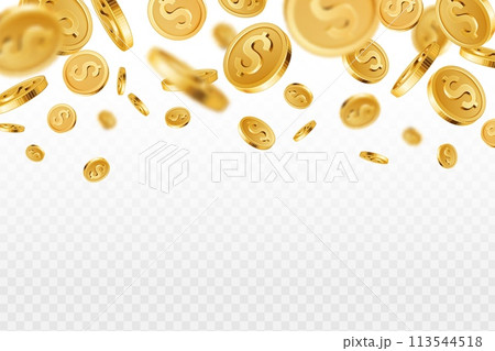 Golden coin rain. Realistic flying gold coins, million dollars lottery games prize. Treasure and earnings, saving and winning jackpot casino 3D vector background 113544518