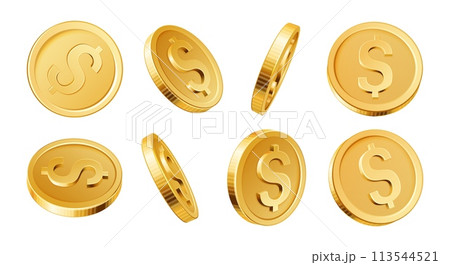 3D golden dollar coins. Realistic gold coin dollars different views. Gambling money saving and banking, investment financial cash symbol isolated vector set 3D golden dollar coins. Realistic gold coin dollars different views. Gambling money saving and banking, investment financial cash symbol isolated vector set 113544521
