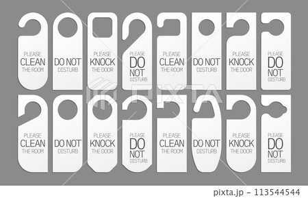 Door knob hangers. Do not disturb sign for hotel room, paper tag with message knock make noise, room occupied label Vector isolated set Door knob hangers. Do not disturb sign for hotel room, paper tag with message knock make noise, room occupied label Vector isolated set 113544544