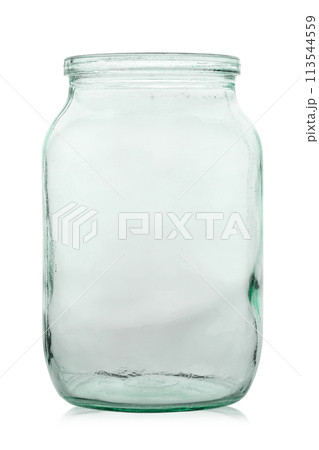 Transparent empty jar without lid for preservation. Isolated on a white background. Transparent empty jar without lid for preservation. Isolated on a white background. 113544559