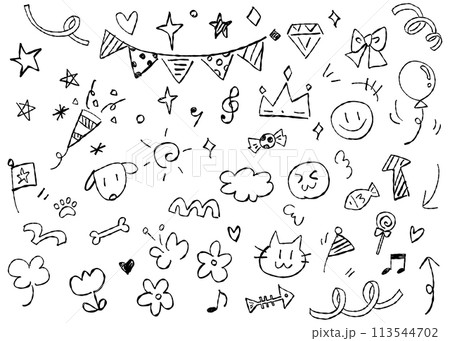 手書きの装飾イラストセット、落書きのデコレーション、ワンポイント素材 113544702