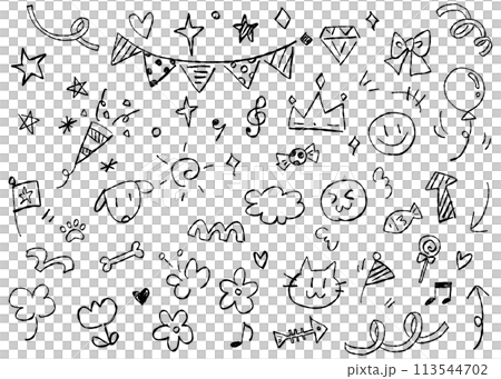 手書きの装飾イラストセット、落書きのデコレーション、ワンポイント素材 113544702