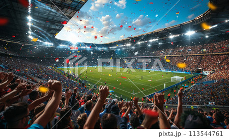 Football, there are cheerleaders filling the football field. 113544761