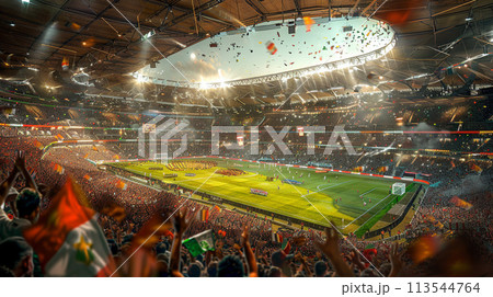 Football, there are cheerleaders filling the football field. 113544764