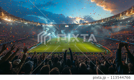 Football, there are cheerleaders filling the football field. 113544766