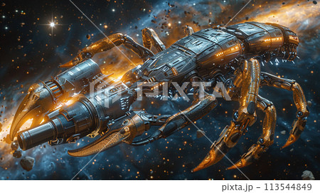 The warrior robot has the head of a dragon. The left arm holds a cannon. The right arm holds a knife. The body is made of aluminum and has 8 legs, similar to a crab. It stands on a backdrop of stars The warrior robot has the head of a dragon. The left arm holds a cannon. The right arm holds a knife. The body is made of aluminum and has 8 legs, similar to a crab. It stands on a backdrop of stars 113544849