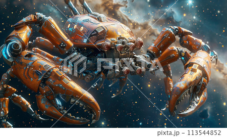 The warrior robot has the head of a dragon. The left arm holds a cannon. The right arm holds a knife. The body is made of aluminum and has 8 legs, similar to a crab. It stands on a backdrop of stars 113544852