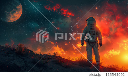 Astronaut in space background with copyspace. Milky way galaxy background. Astronaut in space background with copyspace. Milky way galaxy background. 113545092