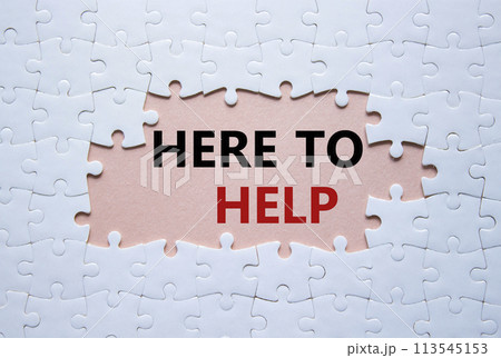 Here to help symbol. Concept words Here to help on white puzzle. Beautiful pink background. Business and Here to help concept. Copy space. Here to help symbol. Concept words Here to help on white puzzle. Beautiful pink background. Business and Here to help concept. Copy space. 113545153