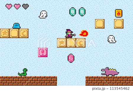 アクションゲーム風ドット絵 魔法使いフィールド画面 アクションゲーム風ドット絵 魔法使いフィールド画面 113545462