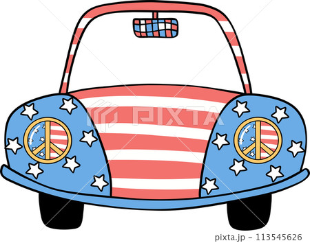 Retro Groovy 4th of July car Independence day festive cartoon doodle drawing Retro Groovy 4th of July car Independence day festive cartoon doodle drawing 113545626