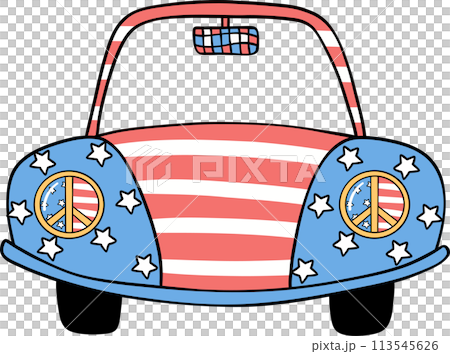Retro Groovy 4th of July car Independence day festive cartoon doodle drawing 113545626