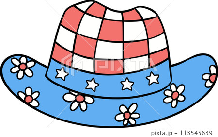 Retro Groovy 4th of July cowboy hat Independence day festive cartoon doodle drawing Retro Groovy 4th of July cowboy hat Independence day festive cartoon doodle drawing 113545639