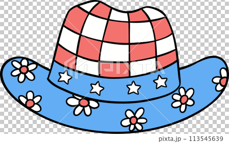Retro Groovy 4th of July cowboy hat Independence day festive cartoon doodle drawing Retro Groovy 4th of July cowboy hat Independence day festive cartoon doodle drawing 113545639