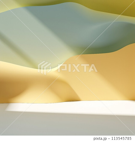 抽象背景正方形テンプレート。クリーム色・薄青緑・黄緑の曲線的な壁と平らな床がある空間。AI生成画像 113545785