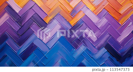 ヘリンボーン風のデザインの油絵・抽象背景横長バナー）紫・青・オレンジ。AI生成画像 113547373
