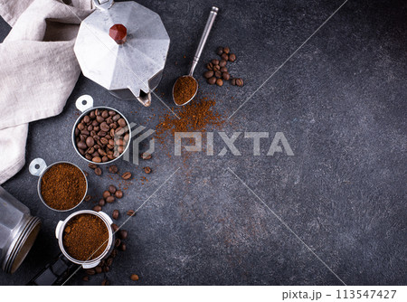 Grounded coffee, beans, coffe maker and spicces Grounded coffee, beans, coffe maker and spicces 113547427