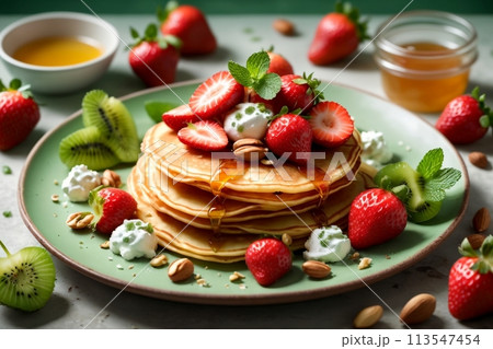 thin pancakes with fresh strawberries, kiwi, cottage cheese, in a plate 113547454