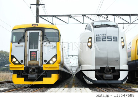 留置線で並ぶE257系500番台(特急あやめ表示)とE259系 留置線で並ぶE257系500番台(特急あやめ表示)とE259系 113547699
