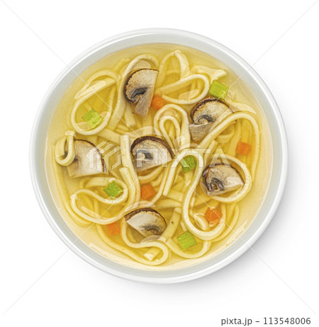 Instant noodle soup with mushrooms in bowl isolated on white background, top view, package design element Instant noodle soup with mushrooms in bowl isolated on white background, top view, package design element 113548006