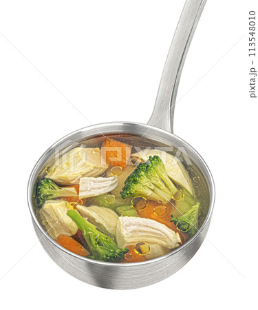 Ladle with chicken soup with vegetables isolated on white background, top view, package design element 113548010