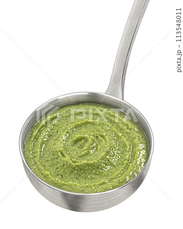 Ladle with broccoli cream soup isolated on white background, full depth of field Ladle with broccoli cream soup isolated on white background, full depth of field 113548011