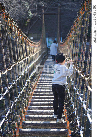 広島市三滝少年自然の家 吊り橋をわたる子供 広島市三滝少年自然の家 吊り橋をわたる子供 113548500