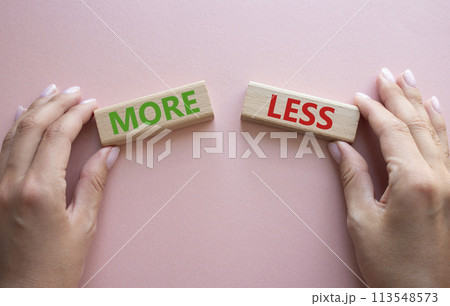 More or Less symbol. Concept word More or Less on wooden blocks. Businessman hand. Beautiful pink background. Business and More or Less concept. Copy space 113548573