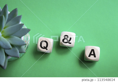 Q and A - Question and Answer. Wooden cubes with words Q and A. Beautiful green background with succulent plant. Business and Q and A concept. Copy space. 113548614