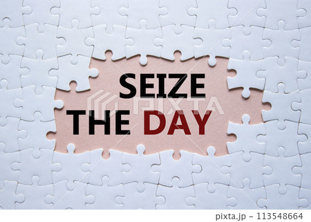 Seize the day symbol. White puzzle with words Seize the day. Beautiful pink background. Business and Seize the day concept. Copy space. 113548664