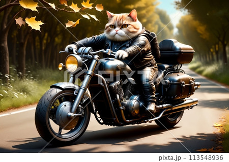 cat biker on a motorcycle rides down the road 113548936