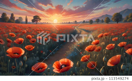 Serene Sunset Over Red Poppy Field, Vibrant Nature Art, Peaceful Landscape, Generative AI 113549274