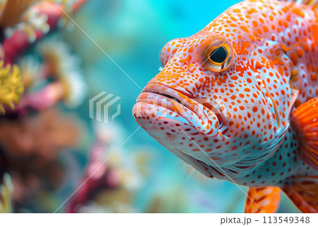 Lionfish with orange spots underwater nature ocean. Coral reef diving snorkeling closeup in marine wildlife photography.. 113549348