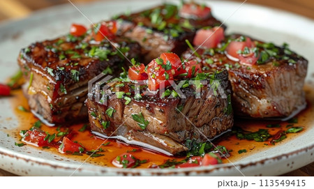 Succulent Steak Covered in Sauce on White Plate 113549415