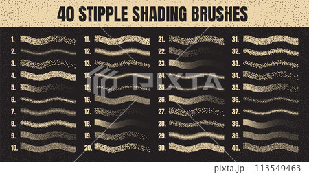 Stipple scatter brush, ink drawing and texturing. Fading gradient. Stippling, dotwork drawing, shading using dots. Halftone disintegration effect. White noise grainy texture. Vector illustration 113549463