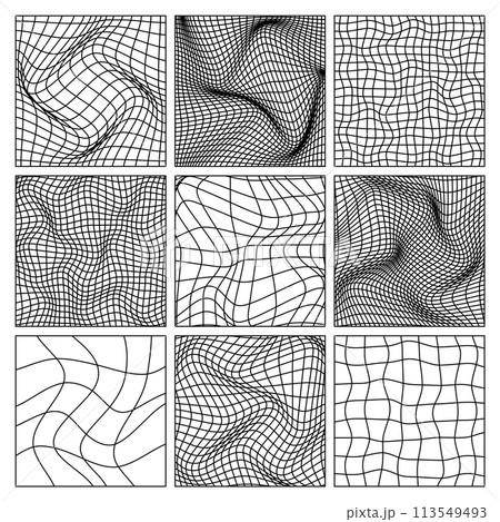 Wireframe shapes, lined perspective mesh, 3d grid. Low poly geometric elements. Retro futuristic design elements, y2k, vaporwave and synthwave style. Vector illustration 113549493