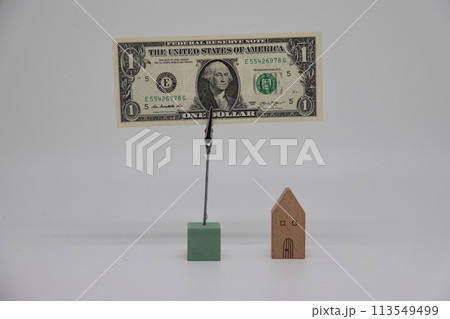 The toy house stands next to the banknote on the stand. Accurate financial calculation The toy house stands next to the banknote on the stand. Accurate financial calculation 113549499