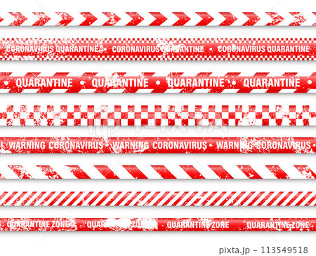 Old grunge quarantine zone warning tape. Novel coronavirus outbreak. Global lockdown. Red coronavirus danger stripe. Police caution line, restricted area. Construction tape. Vector illustration 113549518