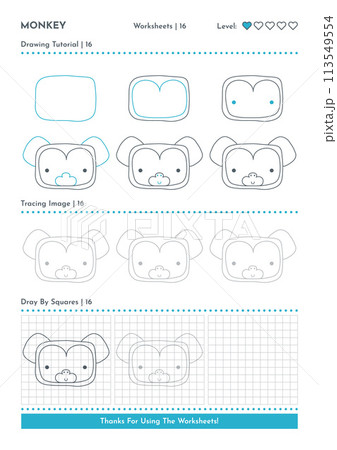 How to Draw Doodle Animal Monkey, Cartoon Character Step by Step Drawing Tutorial. Activity Worksheets For Kids. 113549554