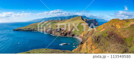Ponta de Sao Lourenco Madeira Portugal. Scenic mountain view of green landscape, cliffs and Atlantic Ocean. Hiking active day, travel background 113549580