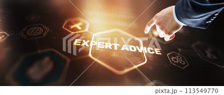 Businessman touching finger on the virtual screen and selecting Expert advice 113549770