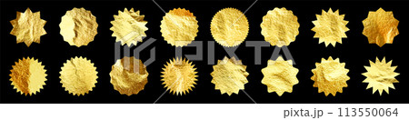 Golden stars, sunburst symbols. Shiny gold foil. Vintage sunbeam symbols. Shopping labels, sale or discount sticker, quality mark. Special offer price tag, promotional badge. Vector illustration 113550064