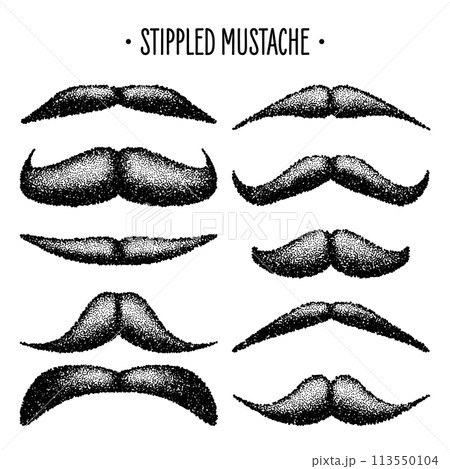 Stippled vintage mustache. Curly facial hair. Hipster beard. Stippling, dot drawing and shading, stipple pattern, halftone effect. Vector illustration 113550104
