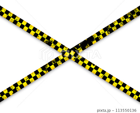 Old grunge barricade construction tape. Yellow police warning line, brightly colored danger or hazard stripe, ribbon. Restricted area, zone. Attention symbol. Vector illustration Old grunge barricade construction tape. Yellow police warning line, brightly colored danger or hazard stripe, ribbon. Restricted area, zone. Attention symbol. Vector illustration 113550136