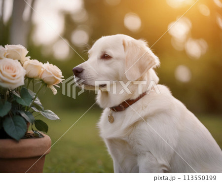 The dog smells the roses 113550199