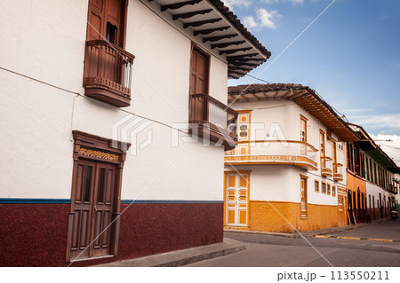 Beautiful streets at the historical downtown of the heritage town of Salamina located at the Caldas department in Colombia. 113550211