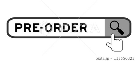 Search banner in word pre  order with hand over magnifier icon on white background 113550323